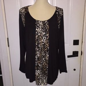 Allison Daley Ladies Long Sleeve Top Black Animal Print Lace Accents Size Large